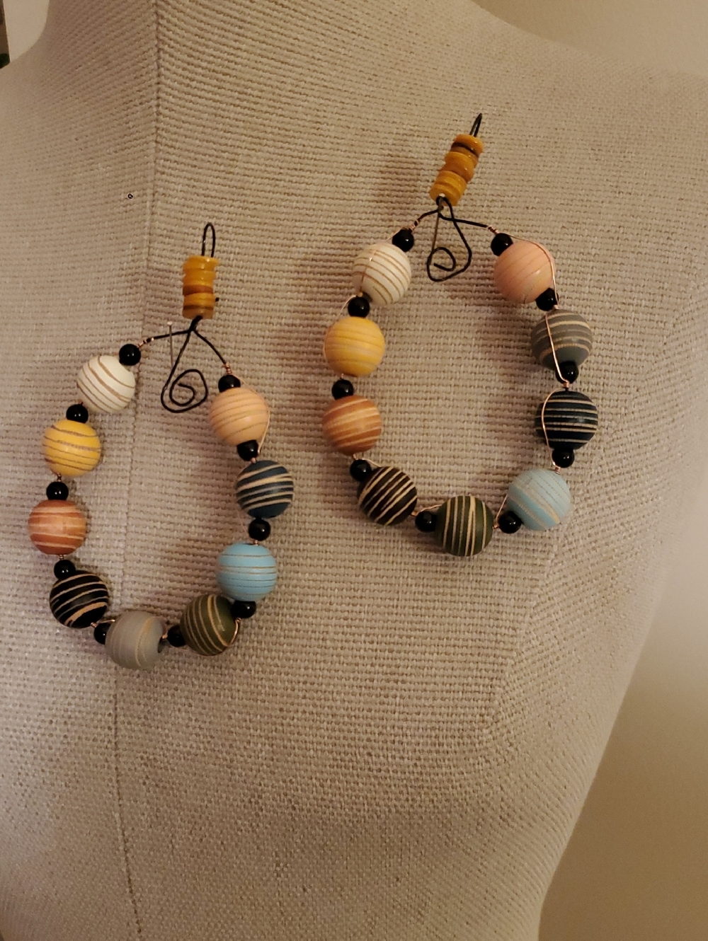 Handmade Multicolor Striped Bead Hoop Earrings - Women Jewelry